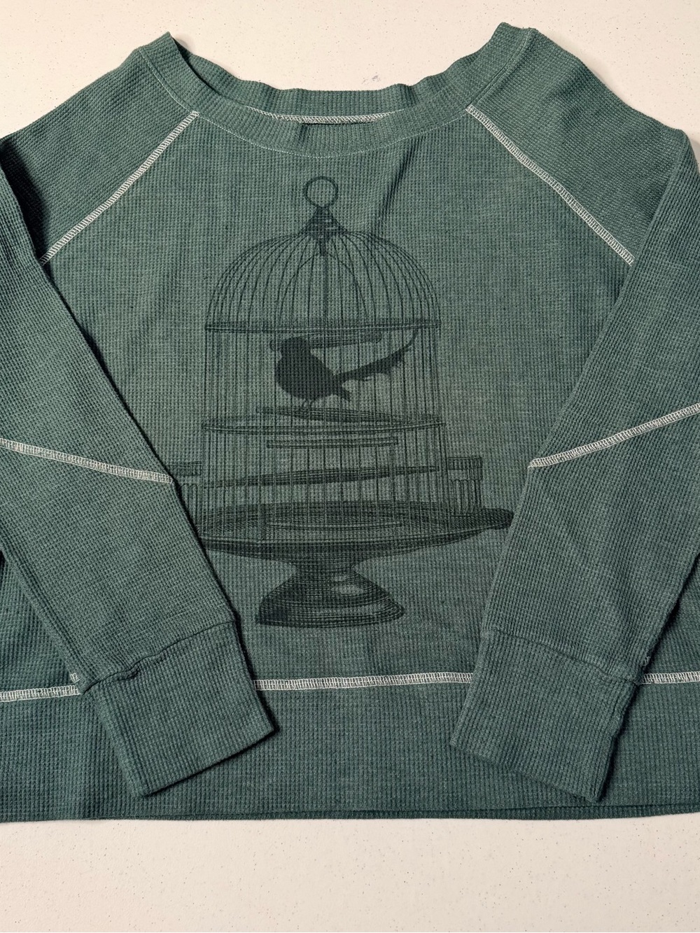 Go Couture Green Graphic Birdcage Waffle Knit Thermal Top Slouchy Size Small